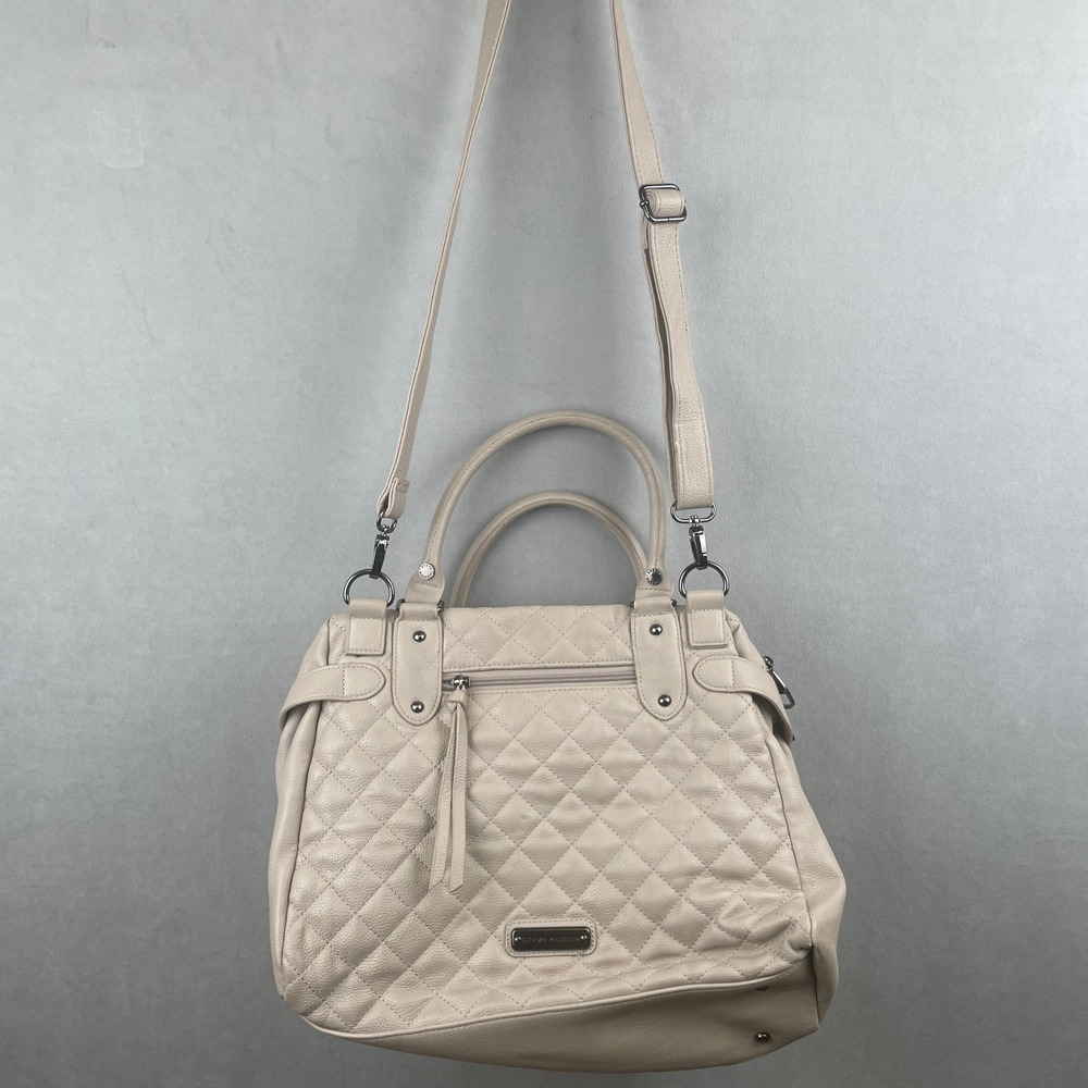 Steve‎ Madden Beige Quilted Faux Leather Satchel Crossbody Bag Gunmetal Hardware